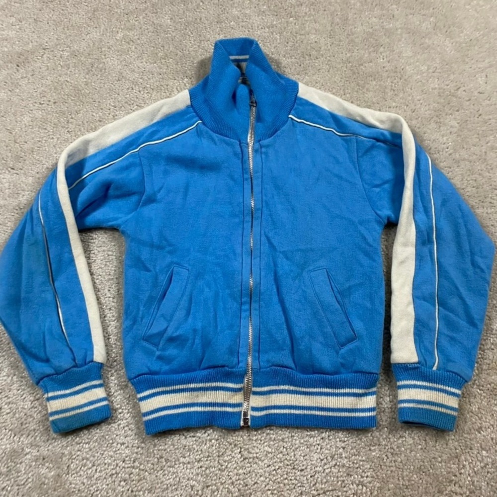 VTG 70s Kids Jacket Boys 10 Twin Togs Creations Blue Striped Zip Up